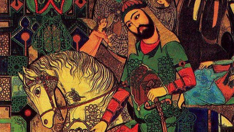 Painting depicting Imam Hussein sitting on a white horse surrounded by vignettes of a mosque and mourning.