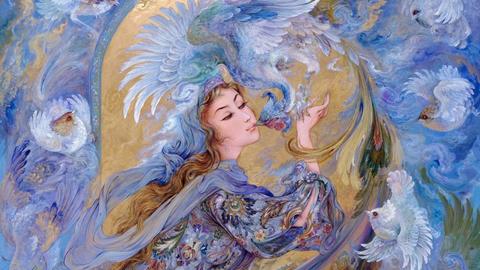 Mythical Simurgh Bird Carrying Down Nectar from the Skies to the Mouth of a Human Lover