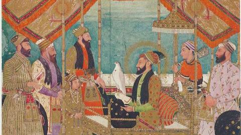  Aurangzeb holds court, as painted by (perhaps) Bichitr; Shaistah Khan stands behind Prince Muhammad Azam