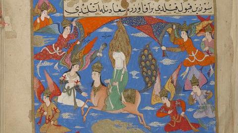 Prophet Muhammad mounted on Buraq and accompanied by Angel Jibrail and other angels rises through the skies