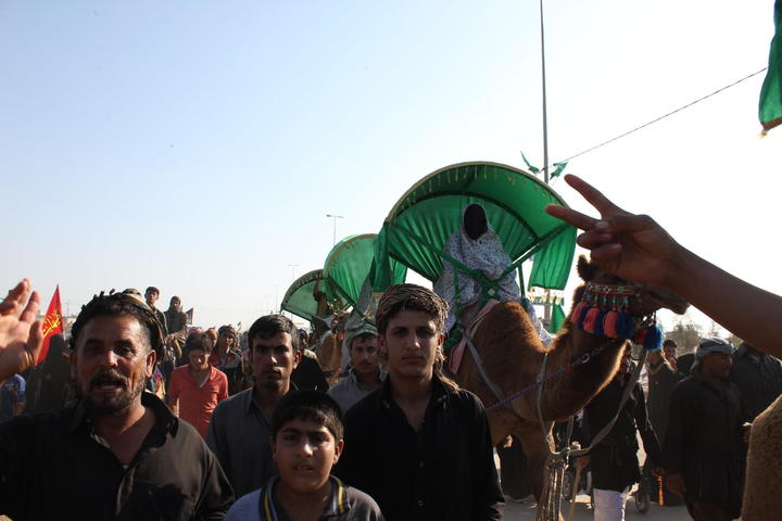 crowd walking, men with canopies over them, held aloft.