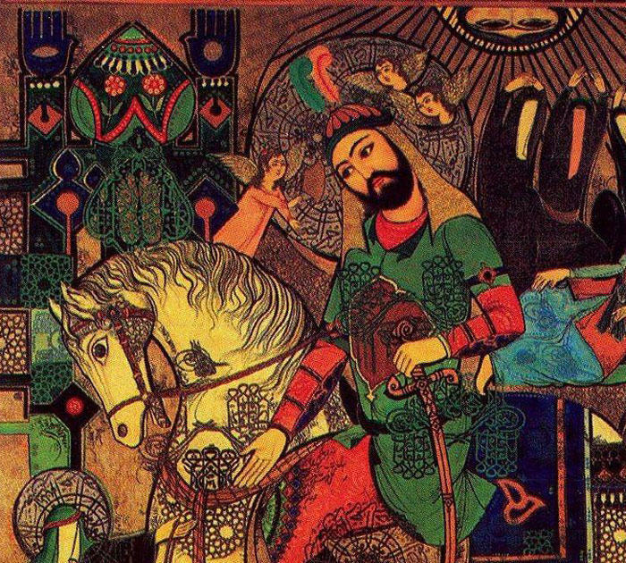 Painting of Imam Hussein sitting on a white horse with a vignette of a mosque and mourners around him.